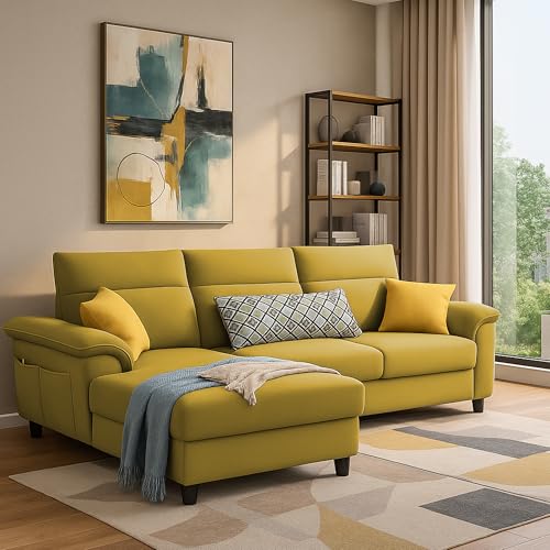 Image of Casaliving Seams LHS 4 Seater L Shape Sofa for Living Room (Yellow Fabric) Premium Fabric Sofa