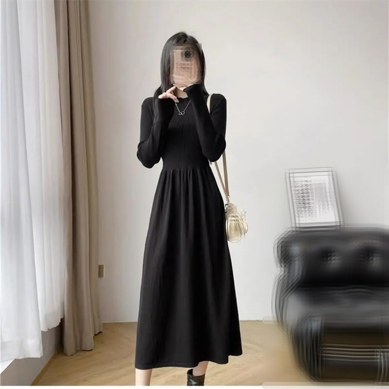 Vestido de punto simple casual ajustado para mujer, cuello redondo, manga larga, acampanado, vestido largo