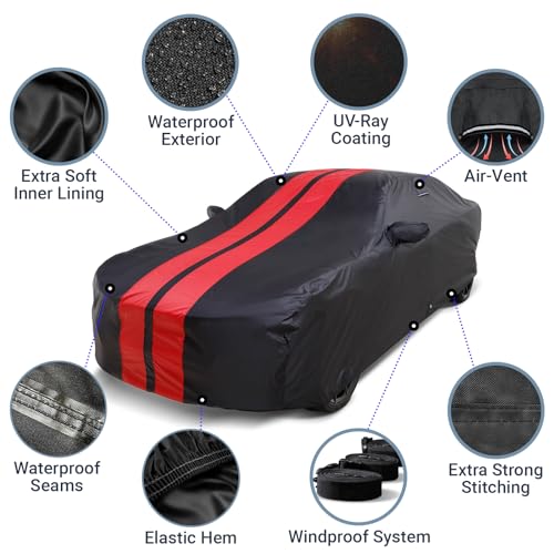 Image of iCarCover Premium Car Cover for 1982-2003 BMW 5-Series Sedan Heavy Duty Waterproof All Weather Automobiles Custom Fit Full Exterior Indoor Outdoor UV Snow Rain Protection Covers (Stripe - Black /Red)