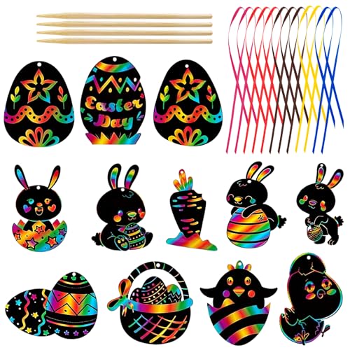 CENCERY 12 Pièces Cartes à Gratter de Pâques en Forme d'Œufs, Kit de Loisirs Créatifs Arc-en-Ciel pour Enfants, Décoration d'Œufs & Cadeaux de Fête...