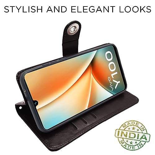 Image of Pikkme Vivo Y100 5G Flip Cover Leather Finish | Inside TPU with Card Pockets | Wallet Stand and Shock Proof | Complete Protection Button Flip Case (Coffee)