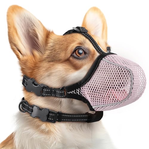 Image of Dog Muzzle,Mesh Soft Muzzle for Small Medium Large Sized Dogs, Breathable Reflective Adjustable Puppy Muzzles with Collar for Scavenging Grooming Biting Chewing,Allows Panting and Drinking(Pink L)
