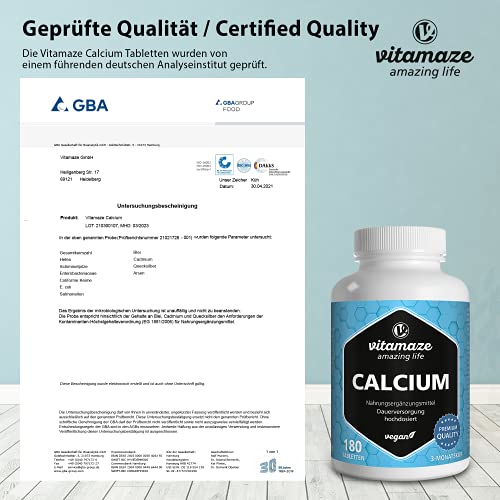 Calcium Tabletten hochdosiert vegan, 180 Tabletten für 3 Monate, 800 mg Kalzium-Carbonat pro Tagesdosis, Organische Nahrungsergänzung ohne Zusatzstoffe, Made in Germany