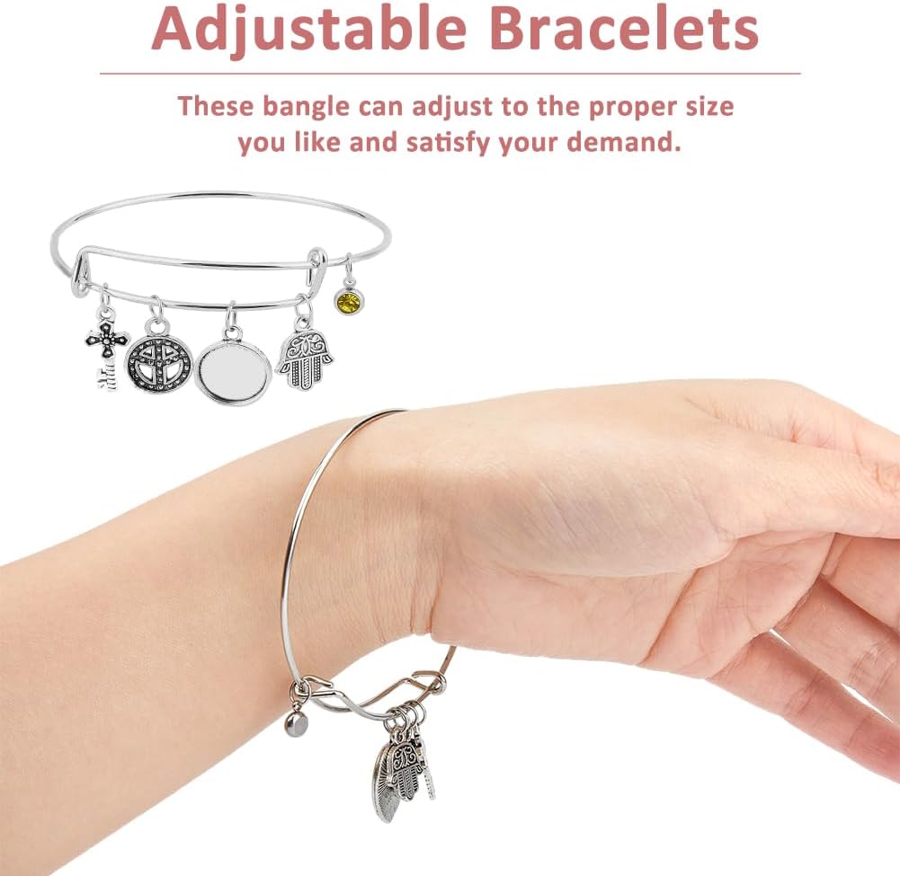 DICOSMETIC 12 Styles Bracelet Bezel Settings Antique Silver Alloy Adjustable Bangle Bracelets with Heart Round Square Blank Tray Charms and Cabochons Bezel Tray Blank Bangles for DIY Craft Making - Image 6