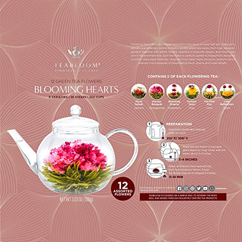 Teabloom Heart-Shaped Flowering Teas – 12 Assorted Blooming Tea Flowers – Green Tea + Jasmine, Pomegranate, Strawberry, Rose, Litchi & Peach – Gift For Tea Lovers, Anniversary, Valentine, Birthday #TOP2