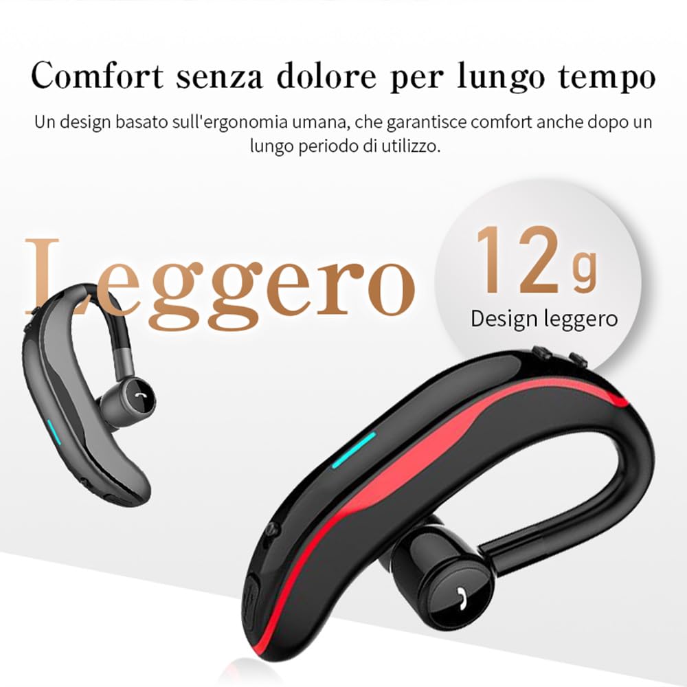 Auricolare Wireless Bluetooth 5.4 Mono/Indip. (L/R), 200h standby, ENC, HiFi, IPX4, 180° rotazione, 12g ultra-leggero, compatibile iOS/Android. Design ad aggancio.(rosso)