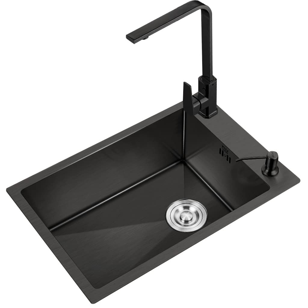 ZQFHSX Sinks Kitchen 304 Stainless Steel And Faucet Bar Built-in Black Rectangular Accessories Included (Color : Black, Size 46x28cm)