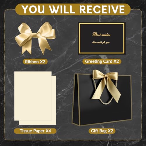 Image of JMANNI Gift Bags with Handles, 13 inch Medium Gift Bag for Presents, 2 Pcs Bags with 4 Tissue Paper and 2 Cards for Baby Shower Wedding Bridal Shower Mother's Day Birthday Party(Black-gold)