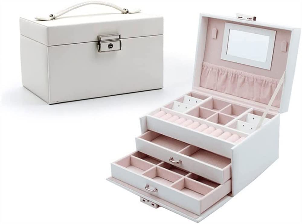 TIANQIHAO Pu Leather Jewelry Box Organizer, Portable Jewelry Box, Jewelry Box For Women Girls, 3 Layer Jewelry Organizer Box, Travel Jewelry Case,White
