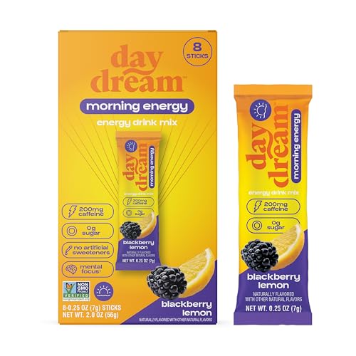 Day/Dream Morning Energy Drink Mix - Blackberry Lemon, 200mg Natural Caffeine from Green Tea, Guarana, and Yerba Mate, L-Citrulline, L-Arginine, Acetyl L-Carnitine, Stevia Sweetened, Zero Sugar, Non-GMO, Stick Packs