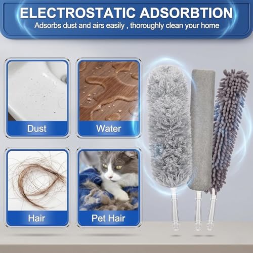 Image of Dishmatic 4 in 1 Long Handle Microfiber Feather Ceiling Duster with Extendable Pole 30-100 Inch with Anti Scratch Bendable Head for Cleaning High Cobweb Stick High Ceiling Fan - Stainless Steel