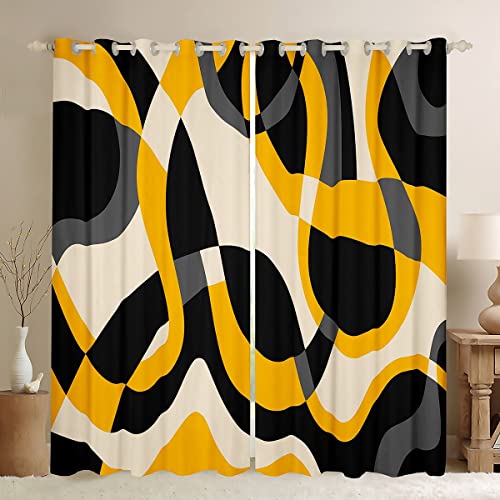 Loussiesd Yellow Grey and Black Window Curtains for Girls Boys Geometric Blackout Curtains(30%-50%) Modern Abstract Art Dreapes Geometric Spiral Window Treatments Stripe Line W52*L63