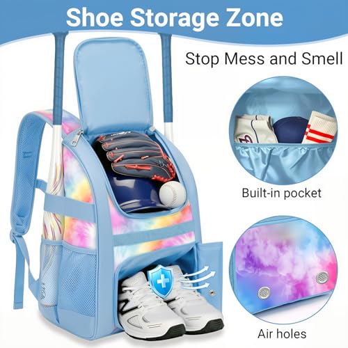 Image of Youth Baseball Bag - Softball Bag for Girls & Boys with Shoes Compartment, Bat Backpack for Baseball, T-Ball & Softball Equipment