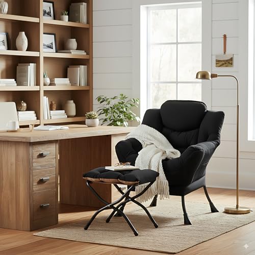 Image of LITA Lazy Chair with Ottoman, Modern Accent Leisure Upholstered Sofa Chair, Contemporary Lounge Reading Chairs with Armrests and a Side Pocket for Living Room, Bedroom & Small Space, Black