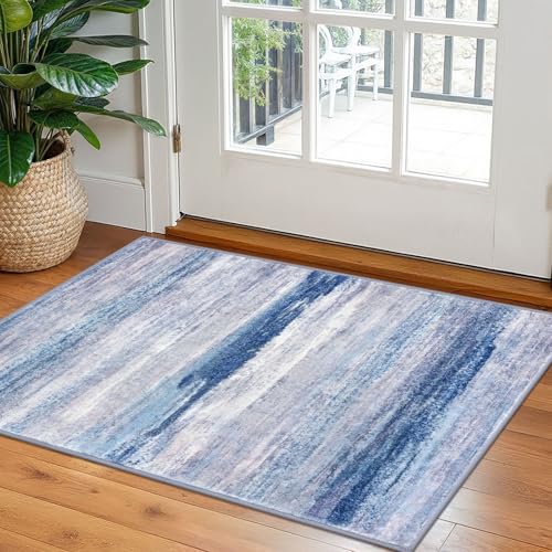 KOZYFLY Modern Abstract Small Area Rugs, 2x3 Washable Kitchen Rug Non-Slip Soft Small Bathroom Rug, Blue/Grey/Beige Striped Entryway Rugs Abstract Print Faux Wool Doormat for Bedside Entrance Bedroom