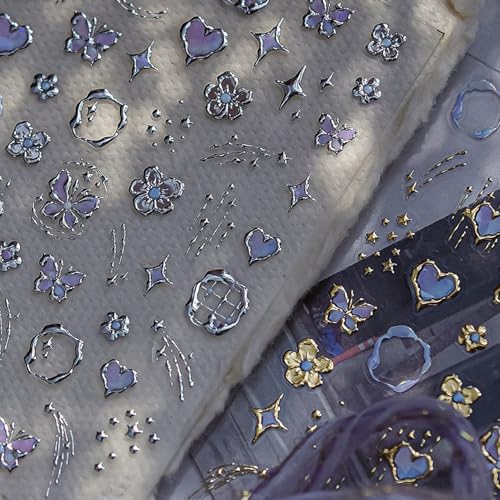 5D Embossed Flower Nail Stickers Self-Adhesive Spring Summer Nail Art Stickers Flower Star Butterfly Heart Design Purple Gold Silver Nail Decals Y2k Nails Art Supplies for Women DIY 2 Sheets