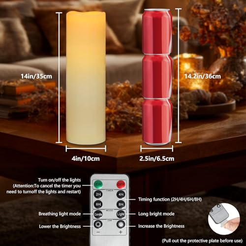 Image of Kimjo 14 inch x 4 inch Large Outdoor Waterproof Candles with Timer Remote, 4 Pack | Ivory, Battery Operated LED Flameless Pillar Candles, Electric Flickering Fake Candles for Patio, Lanterns, Porch Decor