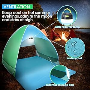wilbest Strandmuschel-HW00341 (Grün) 3 Schnorchelmasken 512y46u8JsS. SS300 UV-Schutz 50+ Sicher und effektiv - Das Strandzelt besteht aus umweltfreundlichem 190T Polyester Oxford Stoff und 50+ Anti-UV-Beschichtung. Seine Oberfläche reflektiert und absorbiert Sonnenlicht, um schädliche ultraviolette Strahlen zu blockieren, die Menschen vor UV-Strahlen schützen. Ungiftiges, geruchloses Gewebematerial, perfekt für Kinder und Menschen mit empfindlicher Haut. So können Sie unser UV 50+ Strandzelt für alle Outdoor-Aktivitäten wählen, insbesondere für Familienreisen.
Gute Stabilität - Der robuste Stahlrahmen macht unser Zelt langlebiger. Das Strandzelt ist mit 2 großen Sandtaschen an der Außenseite ausgestattet, um die Taschen auf beiden Seiten des Zeltes mit Sand zu füllen und Ihr Zelt am Strand schnell zu stabilisieren. Im Zelt befinden sich 2 Aufbewahrungsbeutel, in denen Sie Ihre Sachen aufbewahren und die Stabilität des Zeltes verbessern können. Es ist auch mit 6 Zeltnägeln ausgestattet, um das Zelt vor starkem Wind zu schützen.
Hervorragende Belüftung und wasserabweisend - Das Design der offenen Tür und die Heckscheibe aus Mesh lassen die frische Luft ungehindert durch den Vorhang strömen. Dies hält das Zelt nicht nur bei heißem Sommerwetter kühl und atmungsaktiv, sondern verhindert auch, dass das Zelt bei starkem Wind wegbläst. Darüber hinaus besteht dieses Strandzelt aus wasserdichtem Material. Wenn es regnet, kann es verhindern, dass der Regen Sie direkt trifft. (aber setzen Sie es nicht starkem Regen aus)