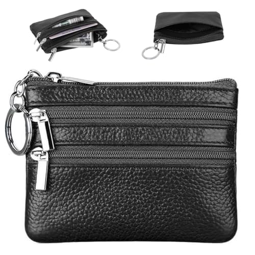 AFCJLTO 1 PCS Monedero Hombre, Estuche de cuero para llave de coche, Monedero de Piel Cremalleras y Argolla para Llaves, cartera llavero pequeña para hombre y mujer, para bolsas de viaje (Negro)
