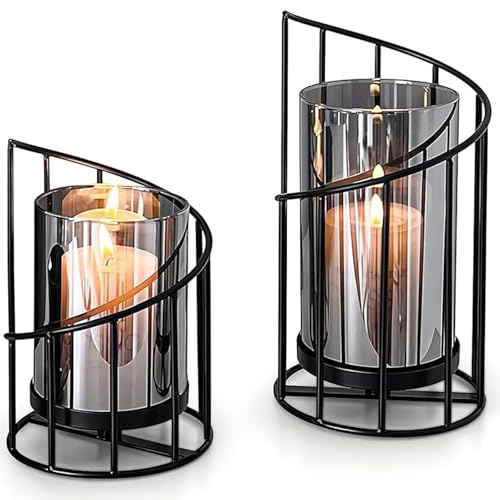 Candlestick Holder Set of 2, Glass Pillar Candle Holders Gold Decorative Tea Light Candleholders for Home Decor Table Decorations Centerpiece