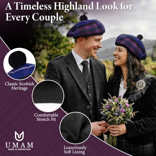 Image of Scottish Tam O' Shanter Hat Tartan Bonnet Pom Pom Wool Flat Cap One Size