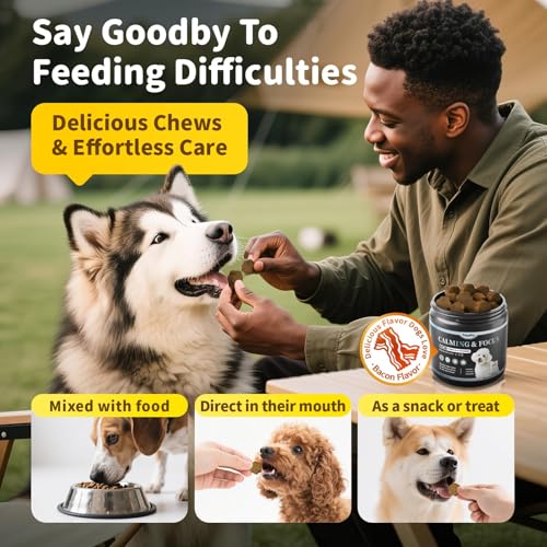 Image of Calming Chews for Dogs - 12-in-1 Dog Calming Treats with Herbal & Vitamins, Relaxation, Focus & Behavior Support for Anxiety, Separation, Barking, Travel, Stress, Upgraded Bacon Flavor, 90 Ct
