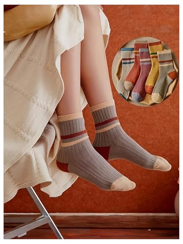 OYOANGLE Women's 5 Pair Color Block Striped Crew Socks Summer Cute Socks Comfy Daily Wear Knitted Sock2