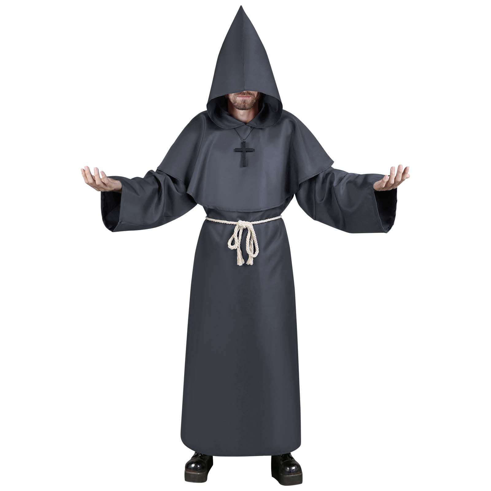 Aomig Monk Costume, 4Pcs Medieval Friar Hooded Monk Cape Renaissance Wizard for Adult Men, Pastor Outfit Priest Robe Costume Halloween Fancy Dress Christmas Party Cosplay Costume(Dark Gray-XL)
