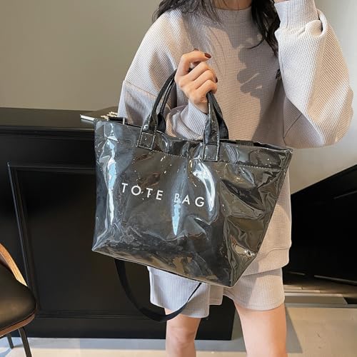 PVC Tote Bag for Women Solid Color Large Letter Print Tote Bag Kraft Paper Clear Plastic Handbag Top Handle Bag3