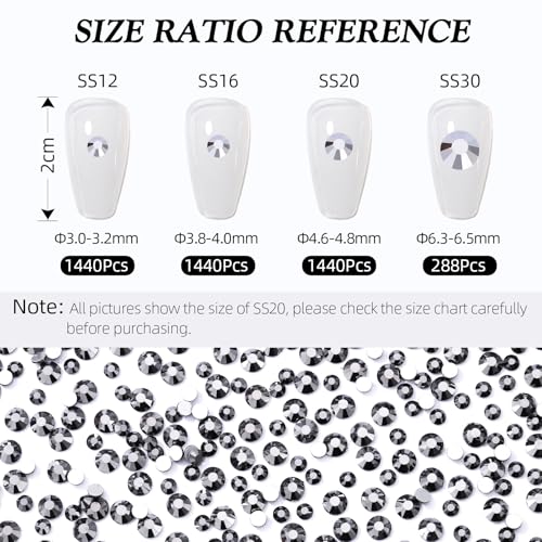 Image of Black Hematite Flatback Rhinestones, Glass Rhinestones for Nail Art and Craft, Glue Fix, Loose Crystal Gemstones(Black Hematite, SS12, 1440pcs, 2.9-3.0mm)