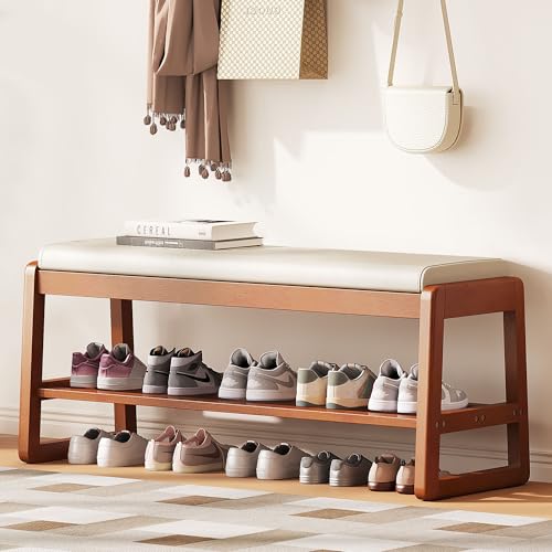 PETKABOO Shoe Bench Storage Rubberwood with Leather Cushion 39.4″, Waterproof Easy to Clean 550LBS Organizer Shoe Rack for Entryway, Hallway, Mudroom, Front Door