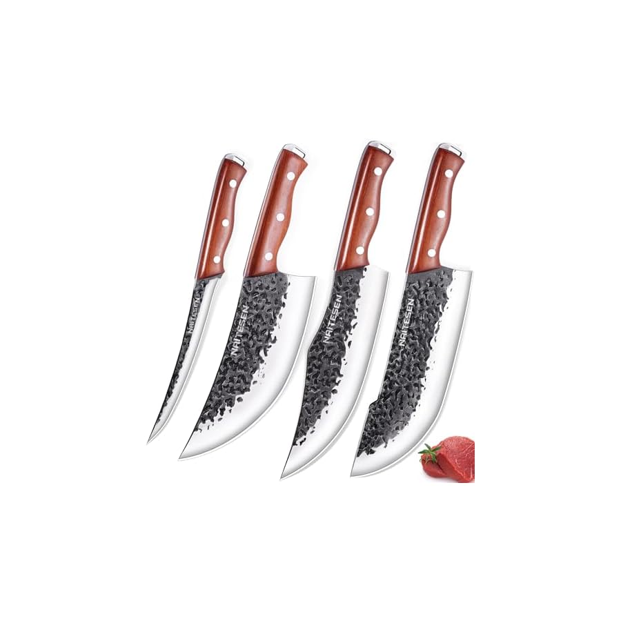 Butcher-Knife-Set-4-Hand-Forged-Serbian-Kitchen-Chef-Knife-Meat-Cleaver-Breaking-Knife-Boning-Knife-Hand-Forged-Very-Sharp-for-Meat-Cutting-Home-Kitchen-Cooking-BBQ Naitesen Butcher Knife Set 4, Hand Forged Serbian Kitchen Chef Knife Meat Cleaver Breaking Knife Boning Knife Hand Forged Very Sharp for Meat Cutting Home Kitchen Cooking BBQ