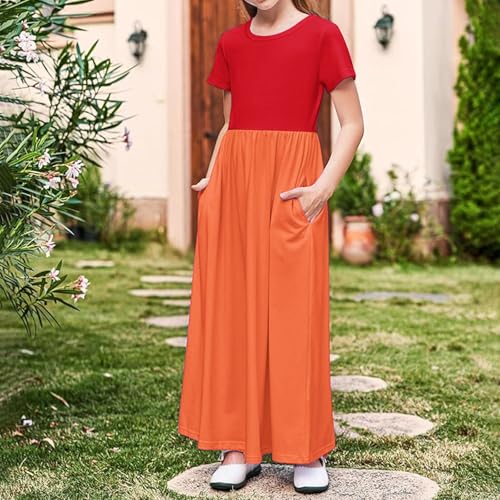 Girls Maxi Dress Casual Short Sleeve Holiday Long Dresses Trendy Color Block Basic Crewneck Party Dress with Pockets2