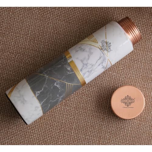 Image of INDIAN ART VILLA Copper Gold Print Copper Bottle, Copper Drinkware, 800 ML, Gold Printed White