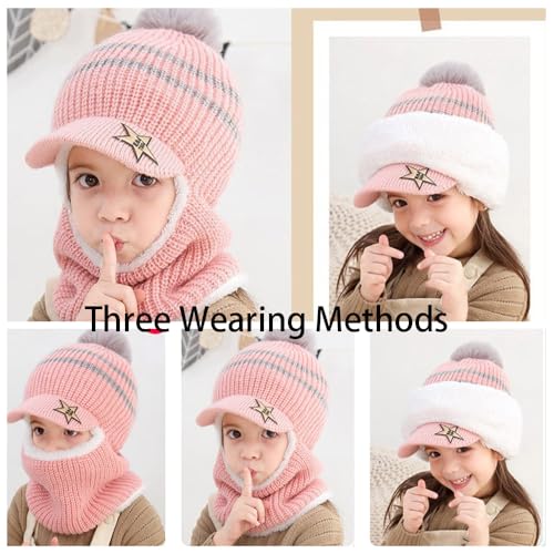 Kids Winter Hat Scarf Set, Warm Thick Knit Beanie with Pompom Earflap Hood Hat Fleece Lined for 2-5 Years Boys and Girls4