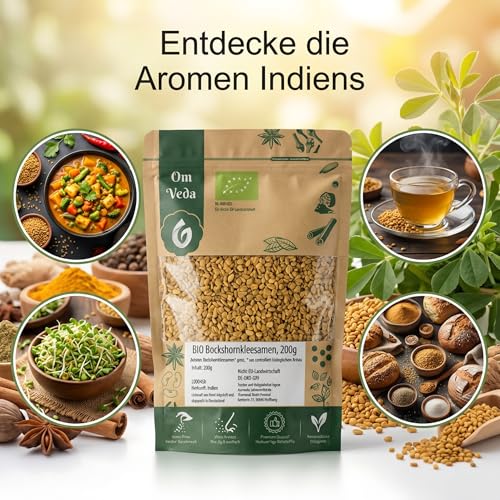 BIO Bockshornklee 200g Bockshornkleesamen Bockshornkleesaat | Indisches Gewürz | Organic Bio-zertifiziert DE-ÖKO-039 | Fenugreek Methi Seeds | Für Leckere Küche und Tee (200g)