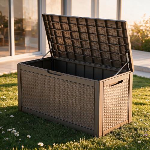 Image of 120 Gallon Deck Box,Lockable Outdoor Storage Box Gas Lift,Waterproof Grey | Package delivery box for outside, outdoor bench with lid, holds patio cushions, gardening tools, dock storage for patio