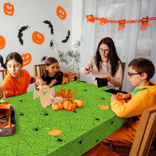 Image of TREWAVE 3 Pack Halloween Spiderweb Tablecloth Rectangular Plastic Spider Web Table Cloth Large Size Table Covers for Home Decor Halloween Party Decorations 54 inch x 108 inch (Green)