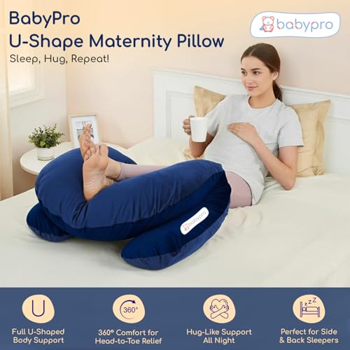 Image of BabyPro U-Shaped Pregnancy Pillow with Silky Cooling Velvet Cover, Blue | Full Body Pillow for Back Pain, Head, Belly, Hips & Knees, Soft Cushion