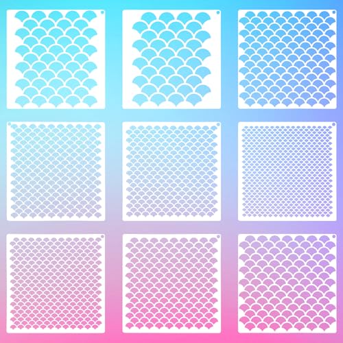 9Pcs Mermaid Face Paint Stencils, Reusable Mermaid Makeup Fish Scale Stencil, with Metal Ring...