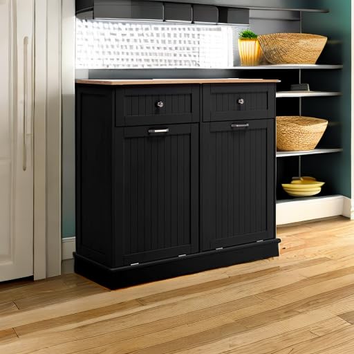 Miniatura 5 de Gitua Gabinete de basura doble inclinable de 20 galones, armario de basura de cocina a prueba de mascotas, cesta de lavandería con tabla de cortar,