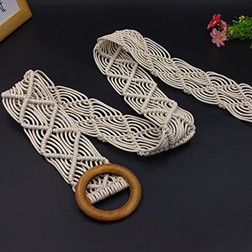 mdgfge Belts Boho Woven Rattan Straw Rope Braid Waist Belt with O-Ring Wooden Buckle Bohemian Style Skirt Fashion Skinny Macrame Waistband for Women Girls3
