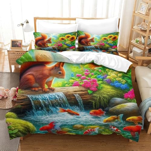 Impreso En 3D Squirrel Juego De Cama De con Cierre De Cremallera Funda De Almohada Juego De Funda De Edredón Microfibra Super King（260x220cm）