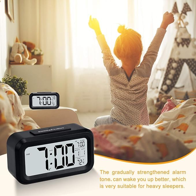 Image of Digital Alarm Clock with Automatic Sensor, Date and Temperature Display, Compact Desk Table Clock for Students, Home, Office, Bedroom, Living Room,Home Decor, Corporate Use (Black Digital)