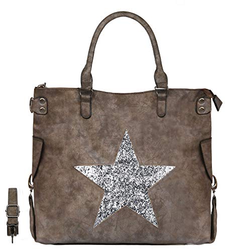 CRAZYCHIC - Bolso de Mano Grande Mujer - Patrón de Estrellas Lentejuelas - Bolsos de Hombro Tote Shopper Gran Capacidad - Cuero PU Metalizado - Bolsos Shopping Bag - Topo Marrón