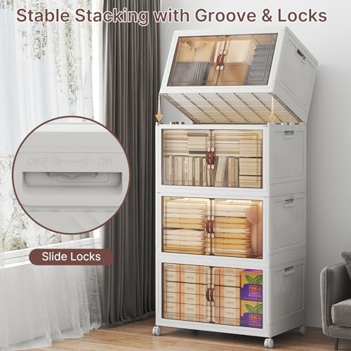 Image of UAMFURI Stackable Storage Bins with Lids, 960QT Closet Organizers, Lockable Storage Cabinet, Foldable Storage Box with Doors and Wheels, Plastic Drawers for Home, Garage, Office (8, White, Large)