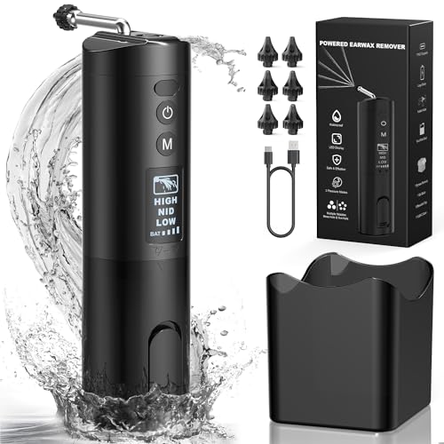 Ear Wax Removal Kit, Waterproof Ear Cleaning Tool with 6 Reusable Replacement Tips, Rechargeable Electric Ear Irrigation Flushing System, Safe and Effective Water Earwax Cleaner Tool - IPX7