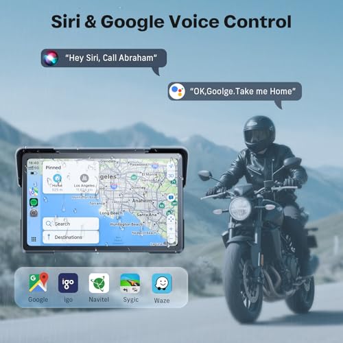 WonVon 7 Inch Wireless Motorcycle Carplay GPS Navigation System with Apple Carplay and Android Auto Portable Screen with Dual Bluetooth, Navigation, Siri, Google Assistant