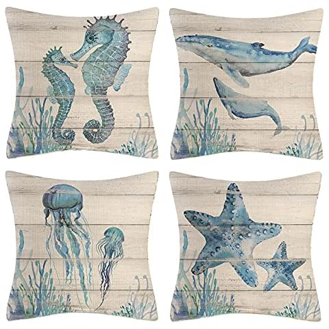 Vgzsyomqib Seaside Theme Cushion Covers Soft 18x18 Inches (45x45 cm) Ocean Sea Life Pillow Cases (No Insert) Decorative Square Sofa Throw Pillow Cover Home Garden Outdoor Set of 4 Beige Blue Cover