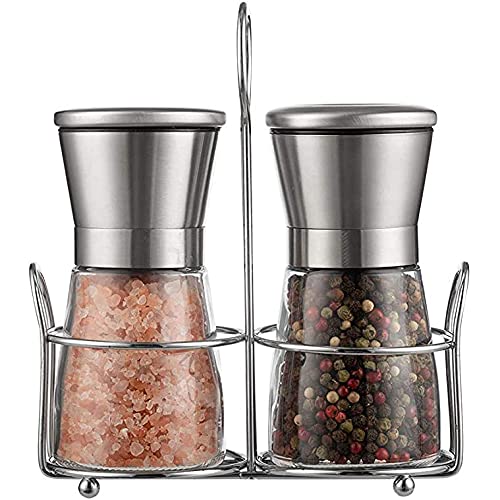 Lozom Premium Stainless Steel Salt and Pepper Grinder Set of 2 - Adjustable Ceramic Sea Salt Grinder & Pepper Grinder - Tall Glass Salt and Pepper Shakers - Pepper Mill & Salt Mill (2PCS)